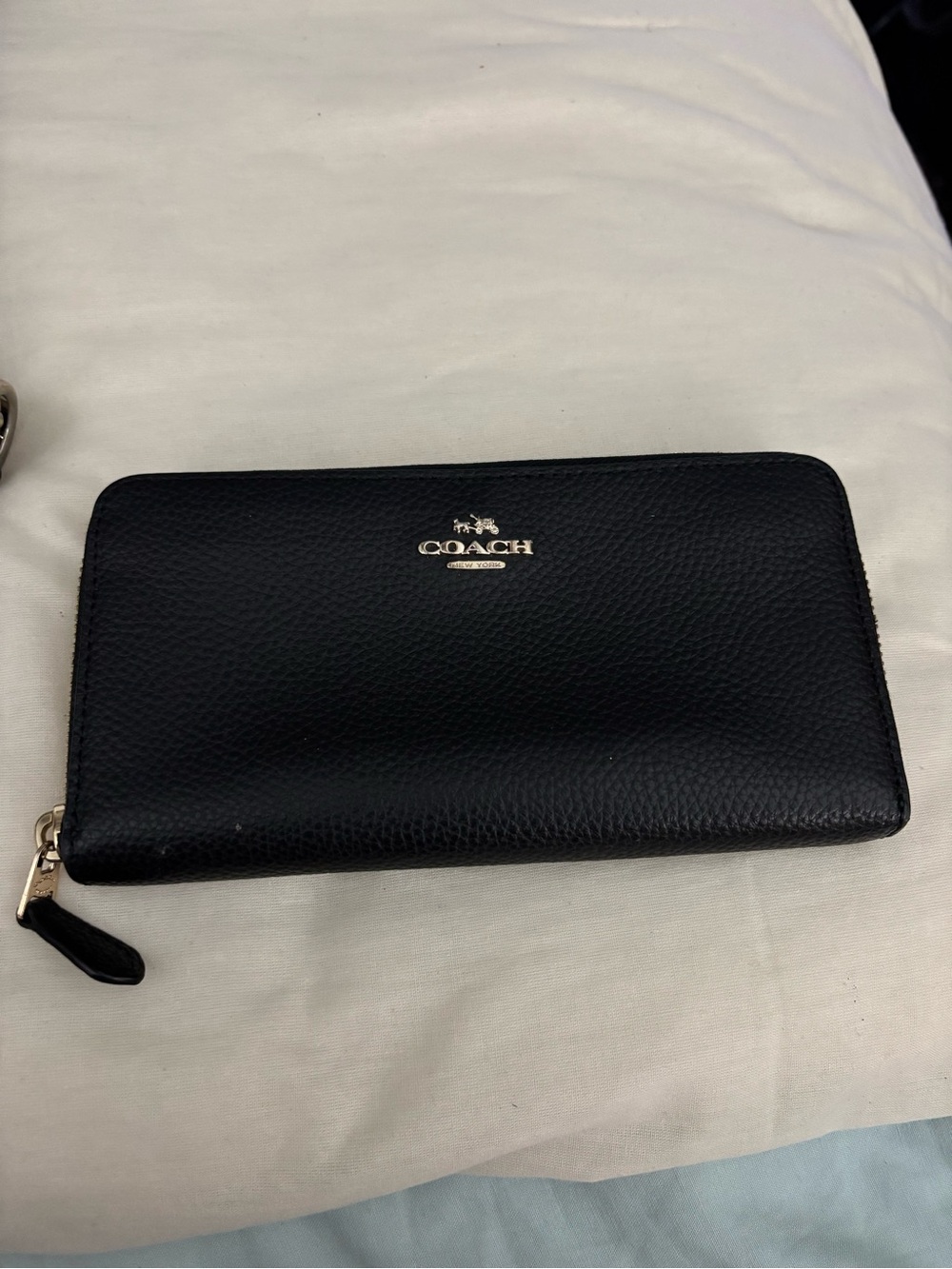 Coach Black Pebbled Leather Zip-Around Wallet with Gold Logo
